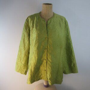 Eileen Fisher Women XL Olive Green Crinkle 100% Silk LS Tunic Shirt